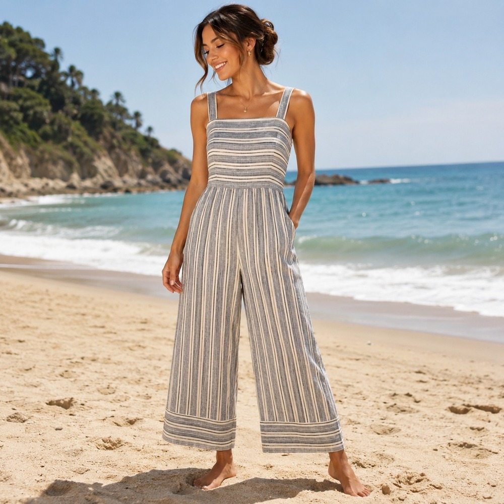 Beach Lunch Lounge Blue stripe Linen Cotton blend Romper Sz XL Coastal Nautical